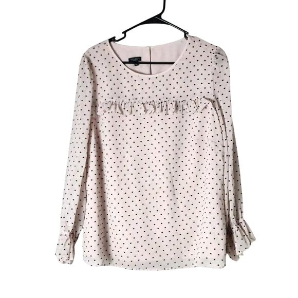 Talbots Blouse Size 1XP Pink Black Heart Long Sleeve Valentine Ruffle Semi Sheer - Picture 1 of 7